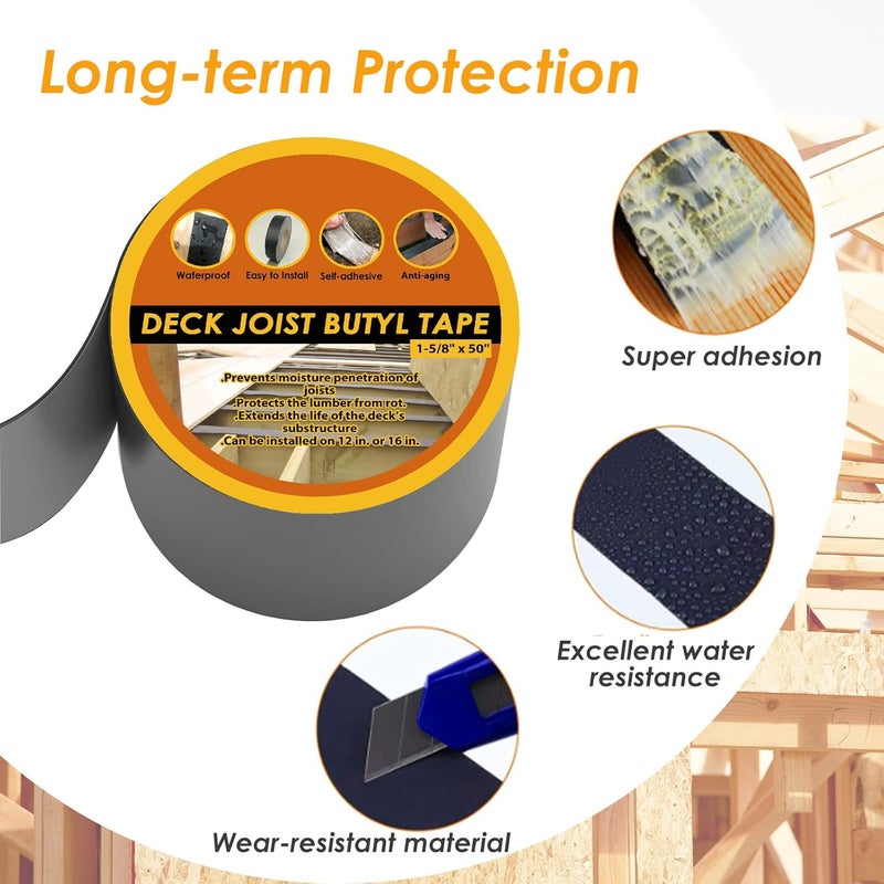 JOAPRIL 4" x 50' Deck Joist Tape, 2 Pack Waterproof Seal Butyl Deck Tape, Weather Resistance Self-Adhesive Flashing Tape for Wood Joists and Beams - Image 4